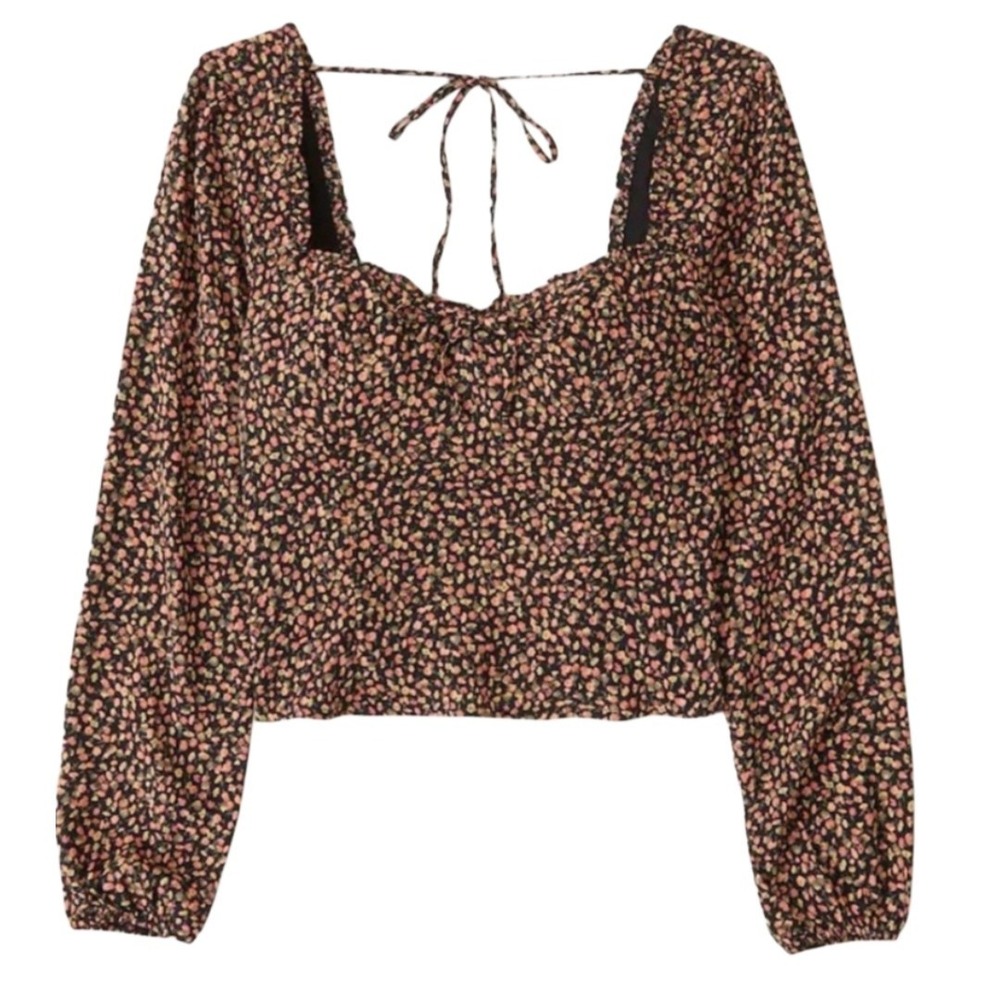 Abercrombie & Fitch Crop Top Women M Floral Boho Smocked Babydoll Long Sleeves‎
